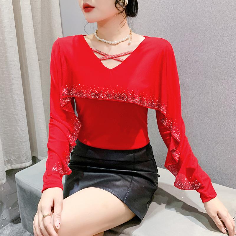 New Winter Mesh Heavy Industry Feels Ruffled Diamond Versatile Long-sleeved Women's T-shirt Base Shirt Top
