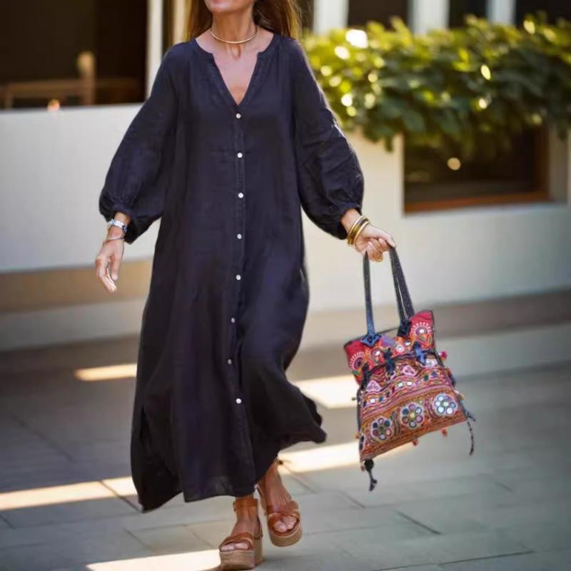Tooxika 2024 Осень Новое повседневное свободное платье-рубашка с V-образным вырезом большого размера с длинными рукавами из хлопка и льна