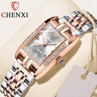 Новые роскошные женские часы с коробкой, квадратные часы с календарем, стальной ремешок, водонепроницаемые модные женские кварцевые часы