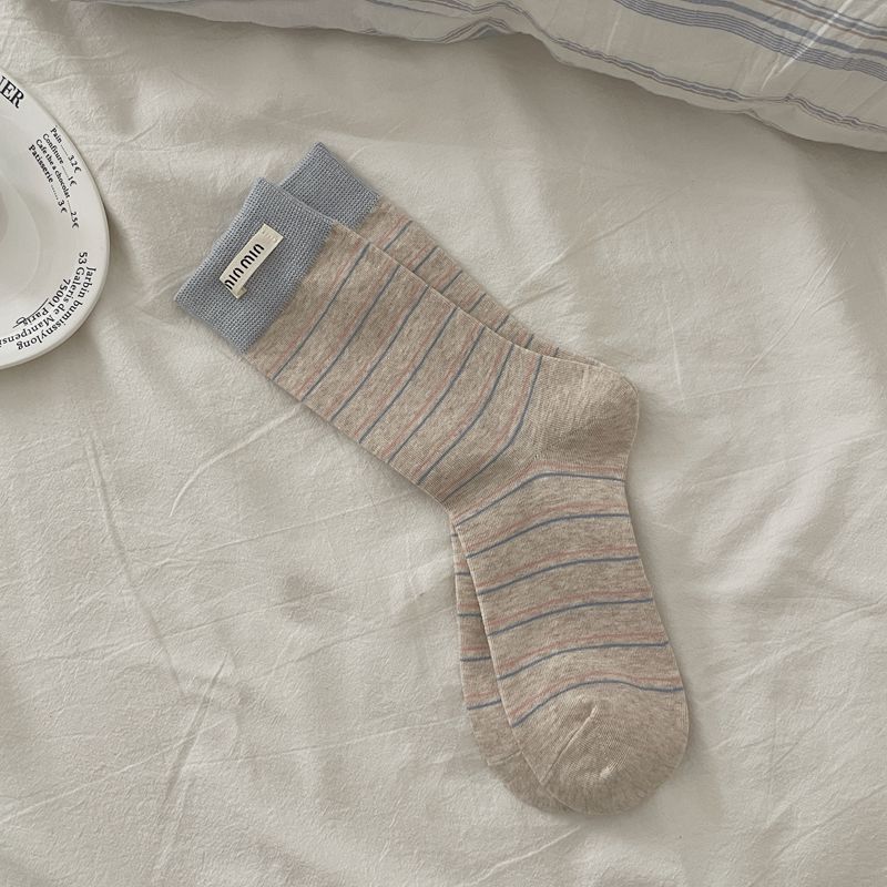 Модные носки Min Cloth Стандартные носки Миди-носки в полоску Контрастная сшивка Носки для наслоения Винтажные полосатые носки
