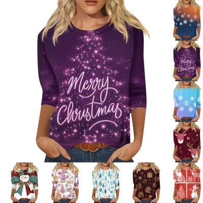 Женская модная повседневная футболка с круглым вырезом и рукавом три четверти с рождественским принтом