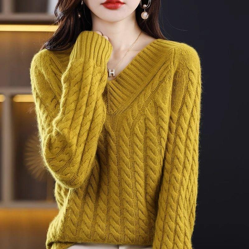 Пуловер на осень и зиму, женский трикотаж с v-образным вырезом, витой цветок, свободный вязаный однотонный короткий пуловер с длинными рукавами, женский свитер