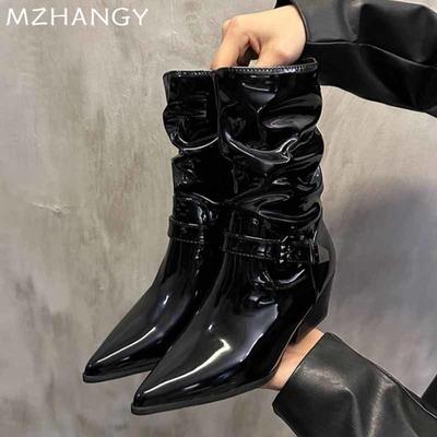 Модные кожаные женские зимние сапоги средней высоты с острым носком на среднем каблуке, женская обувь 2025 года, модные зимние ботинки челси, туфли-лодочки, новые женские ботинки