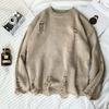 Khaki Ripped Loose Sweater Knitted Pullover Cutout Beggar Round Neck Long Sleeves Simple Casual Men and Women Spring Autumn