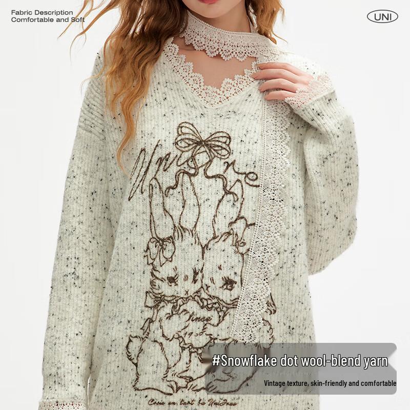 unifree Sweet Childlike Print Lace Trim V-Neck Knit Sweater with Scarf