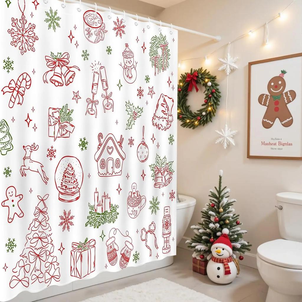 GAEChristmas Shower Curtain for Kids Cute Xmas Tree Candy Ball Snowman Gingerbread Man Shower Curtain for Christmas Bathroom D