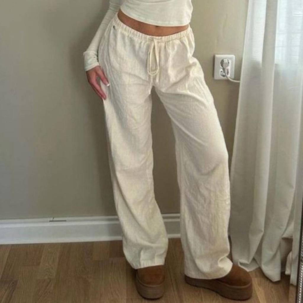 Women's Low-rise Loose Wide-leg Casual Cotton And Linen Drawstring Straight Casual Trousers