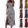 Women's Striped Side Slit Midi Dress V Neck Short Sleeve Casual Holiday Loose Dress