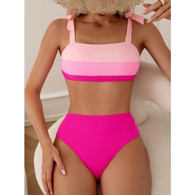Sexy Tie Shoulder High Waist Bikinis Sets Two Pieces Pink Swimsuit Women Padded Swimwear Bandeau Brazilian Biquini Beach Wear