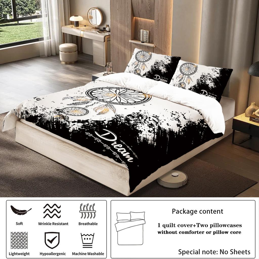 3-piece Set, Black and White Dream Catcher Pattern Printed Bedding Set, Queen, King, Double Bed, for Bedroom, Guestroom, Hotel