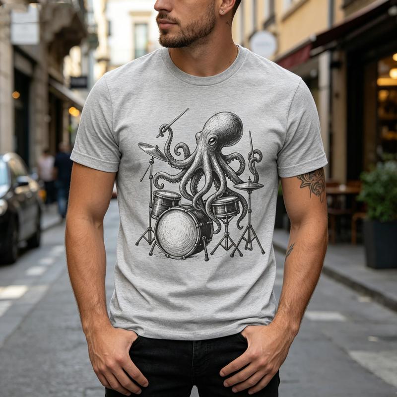 Octopus Playing Drums Graphic Tshirt for Unisex Unisex Vintage Rock Band Tee Casual Short Sleeve Top