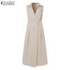 ZANZEA Women Casual Turn Down Collar Sleeveless Summer A-line Dress