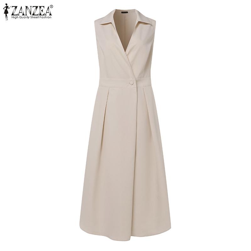 ZANZEA Women Casual Turn Down Collar Sleeveless Summer A-line Dress