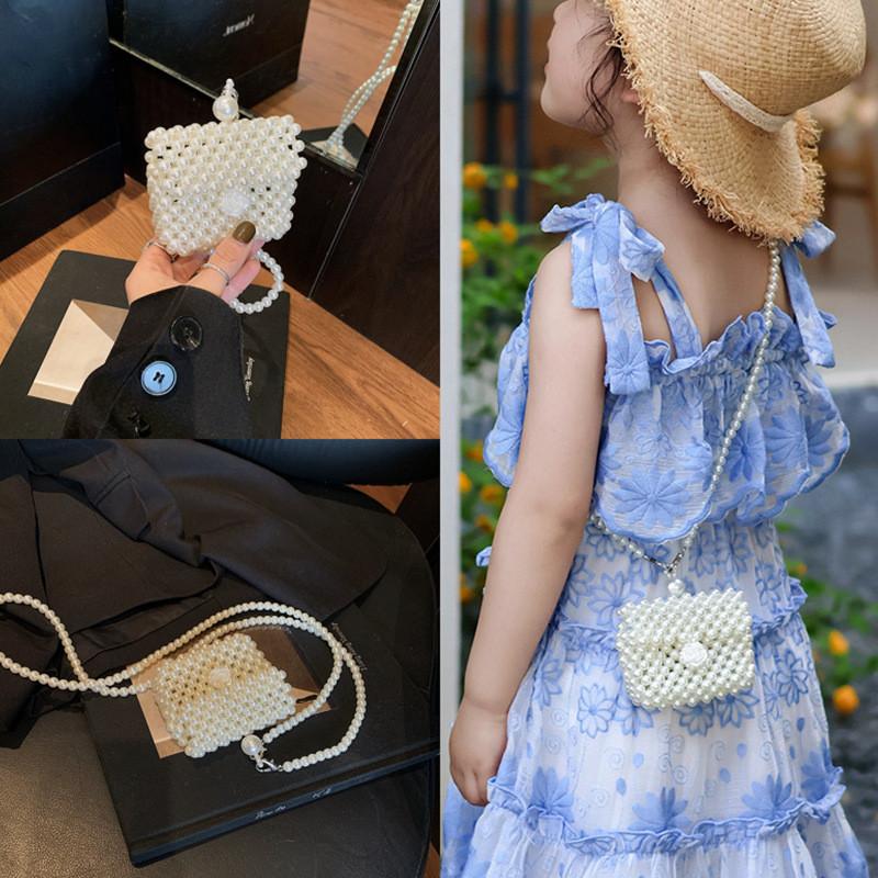 Compact White Pearl Children Accessory Crossbody Bag With Chain Space Coin Purse