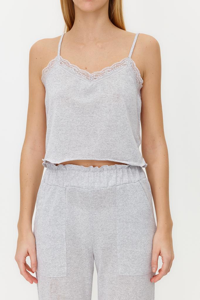 Женский модный новый пижамный комплект, серый меланжевый хлопковый вязаный пижамный комплект с карманом, прорезями и веревочным ремешком