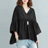 ZANZEA Women's Summer Casual V-Neck 3/4 Bell Sleeves Pleated Solid Color Loose A-Line Blouse