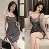 Дизайнерский Стиль Девушка-Специя Блестки Неправильная Платье-Сарафан Женское Летнее Чисто-Желанный Стиль Талия Внутренняя Нижняя Сумка Рукав Юбка