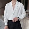 Spring Men Shirt Turn-down Collar Ice Silk V Neck Loose Double Buttons Solid Color Baggy Loose Soft Breathable Long Sleeves Male Charm Formal Top