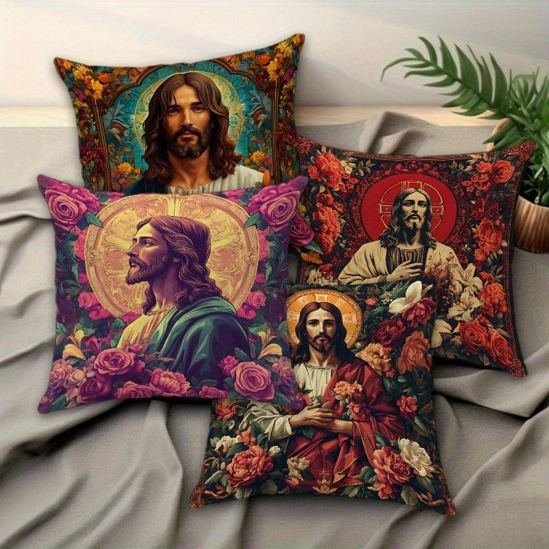Double-Sided Printed Pillow Covers, Vintage Religious Christ Portrait Print Cushion Cases, Christian Faith Decor For Bedroom
