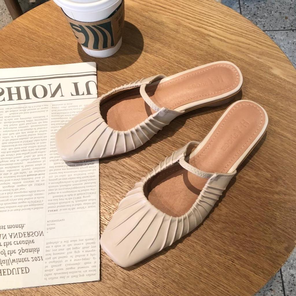 Мода 2024 года, однотонные кожаные сандалии, женские мюли с оборками, резинка, квадратный носок, домашние шлепанцы, низкие каблуки, плиссированные шлепанцы, обувь