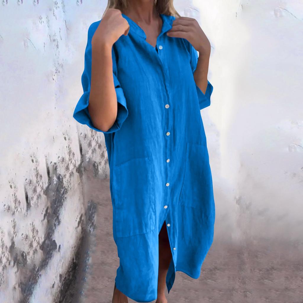 Women's Fashion Casual Button Cardigan Cotton And Linen Color Dress With Pockets