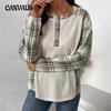 Women's Autumn and Winter Checkered Patchwork Long Sleeve Blouse Round Neck Pullover Top