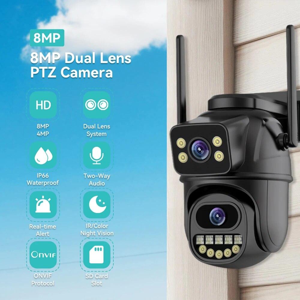 Новая IP-камера EU 4K 8MP WIFI PTZ с двойным объективом и двойным экраном Ai, автоматическое отслеживание цвета человека, ночное видение ICsee, уличная камера наблюдения
