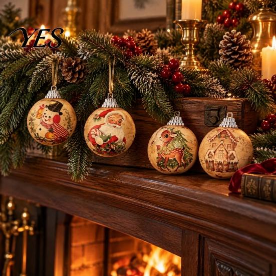 Fireplace Wall Hanging Ornaments Christmas Ball Ornaments, 2D Flat Rustic Wooden Pendants, Retro Indoor Holiday Window Decorations Santa Snowman Deer