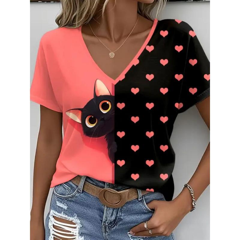 Summer V-neck 3D Love Pattern Printed Top Fashionable Casual Short Sleeved Women's T-shirts