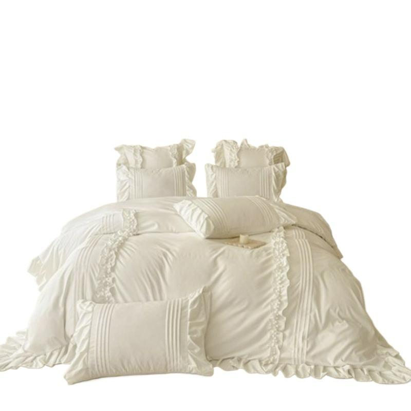 Purple Washed Cotton Bedding Set 4 Piece Duvet Cover Cream Pillowcases Single Double Bed Linen Princess