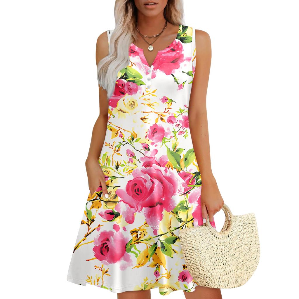 Womens Summer Dresses Loose V Neck Sleeveless Sundresses Dress With Pockets