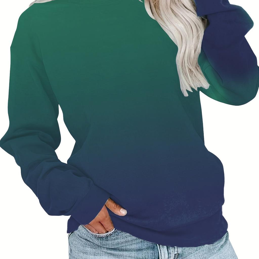 Футболка большого размера, женская, с градиентным принтом, длинным рукавом, круглым вырезом, средней эластичности