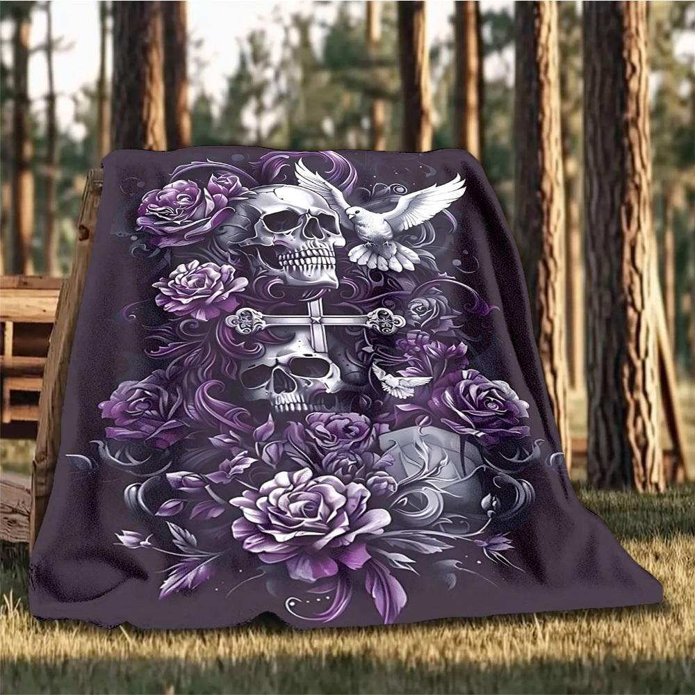 1pc Skull Roses Cross Outdoor Flannel Blanket , Machine Washable Perfect Gift for Birthday , Holiday Travel Accessory , Durable Material