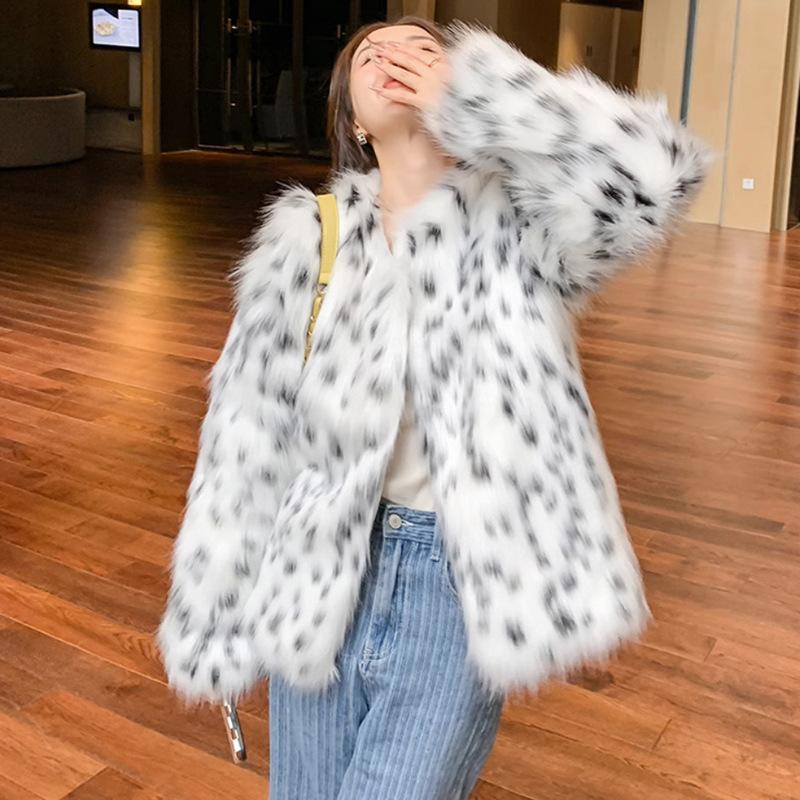 Women's Leopard Point Fox Hair Imitation Fur Jacket Women's Short Young Fashion New Winter Casual Warm