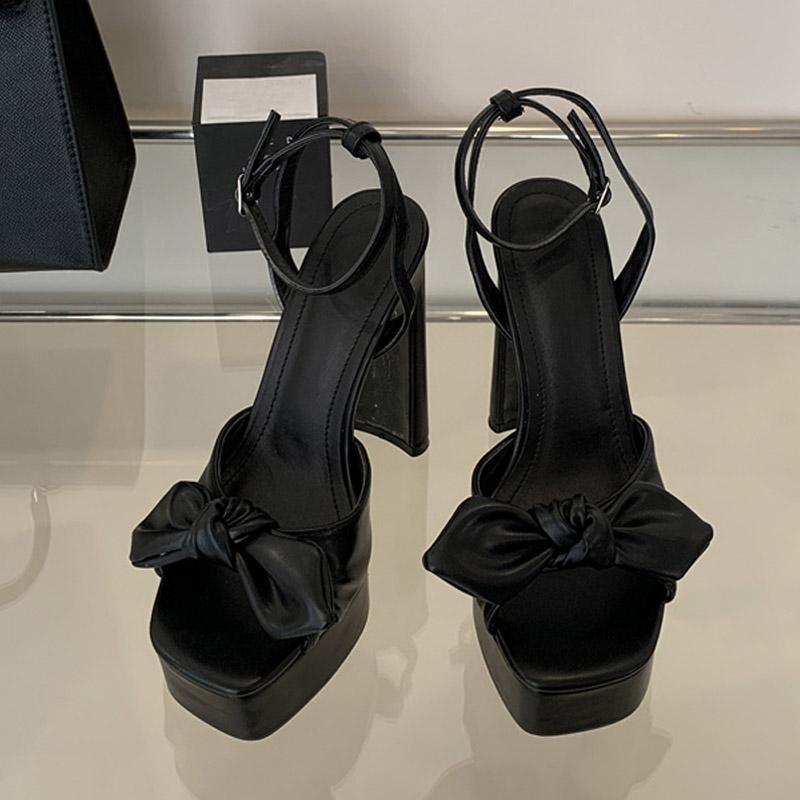 Liyke Абрикосовая Кожа Бант Дизайнерские Туфли на Высокой Платформе Сексуальные Сандалии Женские Квадратный Носок Ремешок с Пряжкой Массивные Туфли Zapatos Mujer