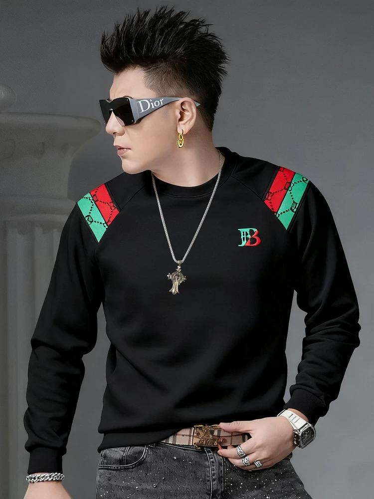 European Men's High-End Embroidered Crew Neck Sweatshirt 2025 Autumn New Trendy Casual Top Long-Sleeve Base Shirt