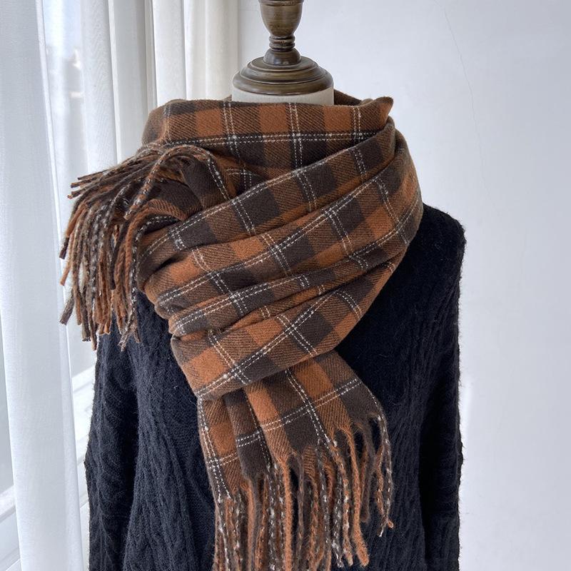 Plaid Scarf Women's Autumn and Winter New Retro Shawl Imitation Cashmere Warm Fringed Scarf
