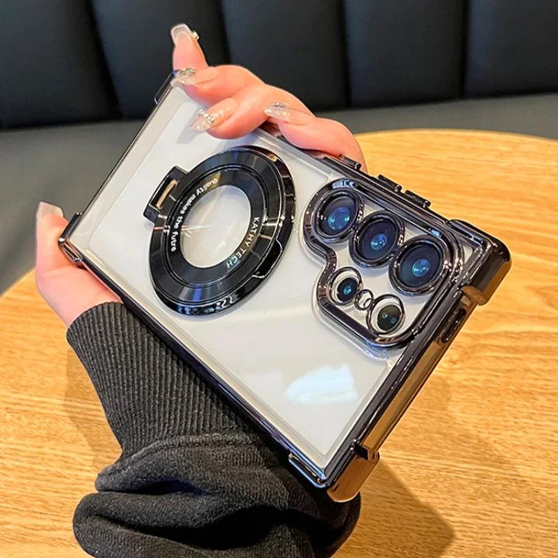 Магнитный Чехол-Подставка с Покрытием для Samsung Galaxy S25 S24 S23 S22 S20 FE Note 20 Ultra Ударопрочный Задняя Крышка с Подставкой