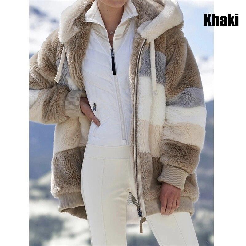 Winter Women's Fashion Hooded Warm Loose Jacket for Women Patchwork Outerwear Zipper Ladies Plus Size Sweaters