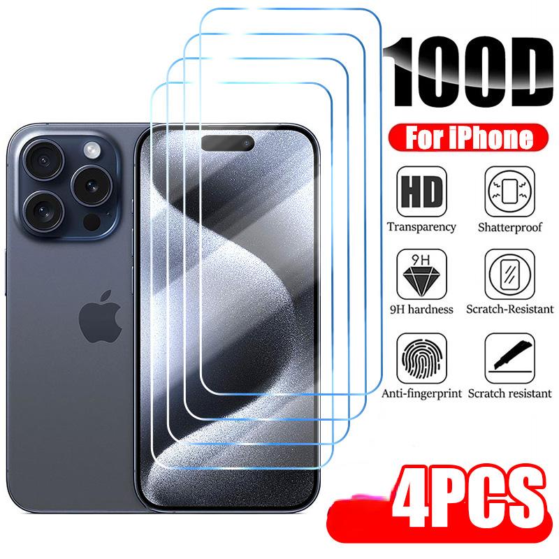 4 шт. закаленное стекло для iPhone 11 12 13 14 15 Pro XR X XS Max Защитная пленка для экрана iPhone 15 Pro Max Mini 7 8 Plus SE стекло