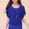 Women Fashion Loose O-neck Solid Color Summer Chiffon Blouse Tops