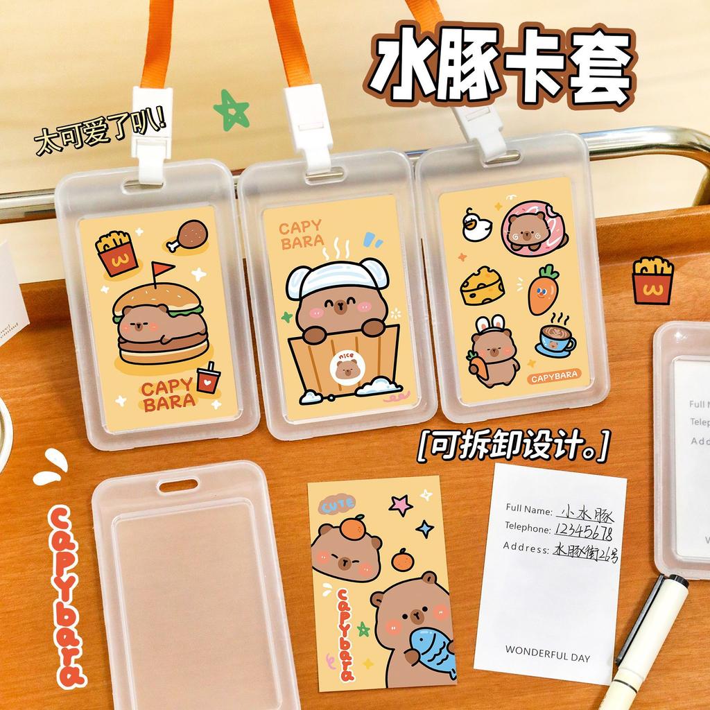 Transparent Campus Card Case With Capybara Name Information Card Student Meal Card Bus Card Holders Lanyards ID Credit Card Hold