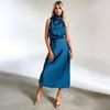Women Spaghetti Strap Halter Solid Ankel-Length Dress High Collar High Waist