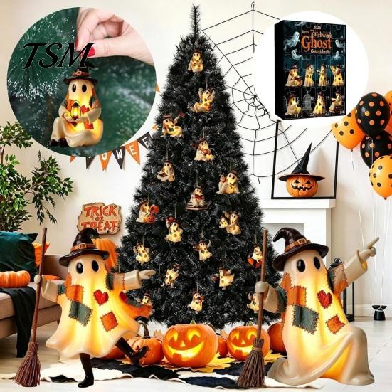 Seasonal Halloween Display Advent Calendar 2026, 24 Days Patchwork Ghost Countdown Box Set, Lightweight Decor Flat Acrylic Hanging Ornaments