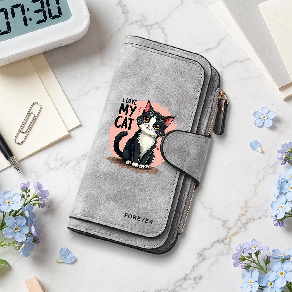 Cute Cat Print Purse Fashion Ladies Long Wallet Portable Card Holder Lovely Gift for Cat Lovers