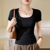 High Elastic Threaded Cotton 2024 Summer New Style Versatile T-shirt Women's Short-sleeved Top Square Collar Bottoming Shirt