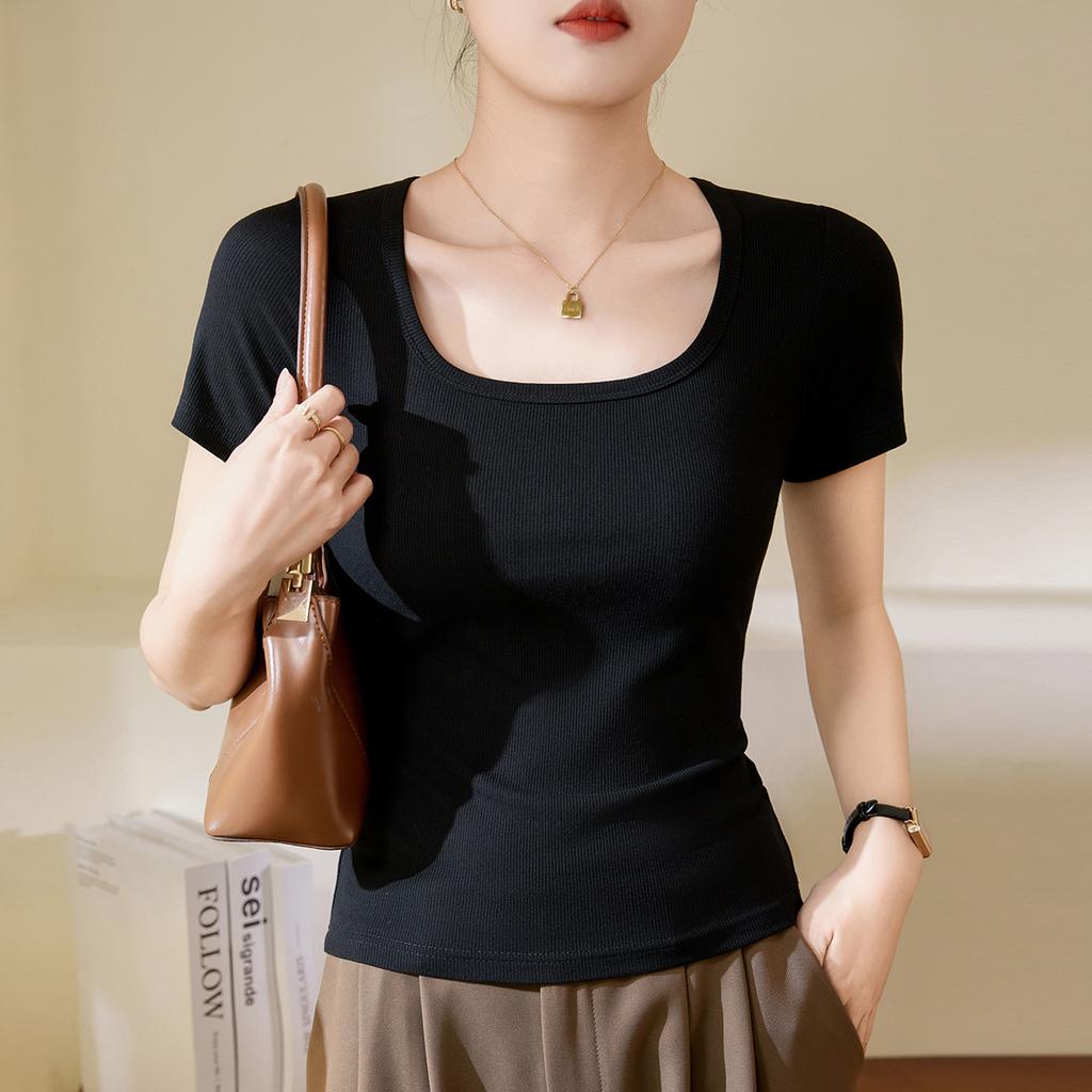 High Elastic Threaded Cotton 2024 Summer New Style Versatile T-shirt Women's Short-sleeved Top Square Collar Bottoming Shirt