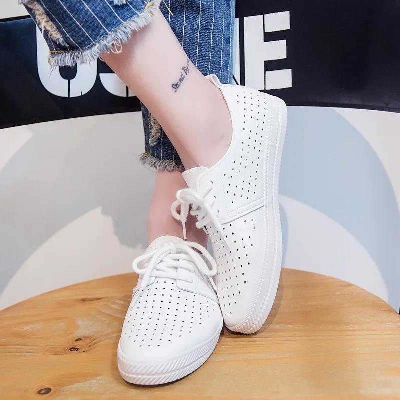 Fashion Womens Vulcanized Shoes Cut Out PU Leather Oxfords Flat Shoes Ladies Breathable White Shoes Mesh Running Sneaker Ballet Loafers
