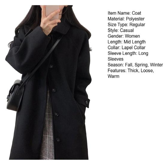 Осень-зима женское пальто с отложным воротником и длинными рукавами, однобортные карманы, свободное средней длины, однотонное мягкое теплое плотное женское пальто до середины икры