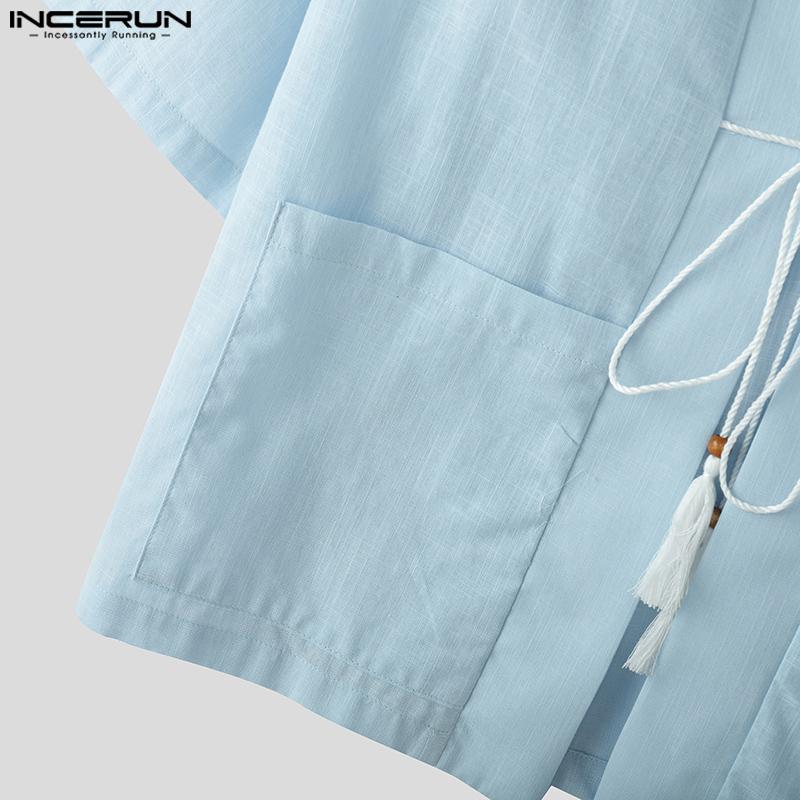 INCERUN Винтажный мужской летний кардиган с рукавами 3/4 и шнуровкой, кимоно с открытым передом